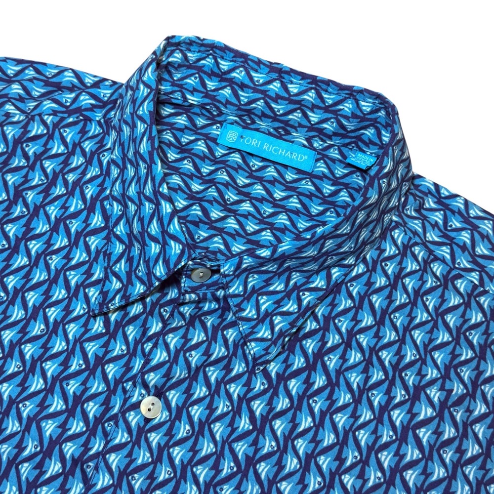 Tori Richard Mens 2XL Blue Cotton Lawn Abstract Print Aloha Shirt Short Sleeve